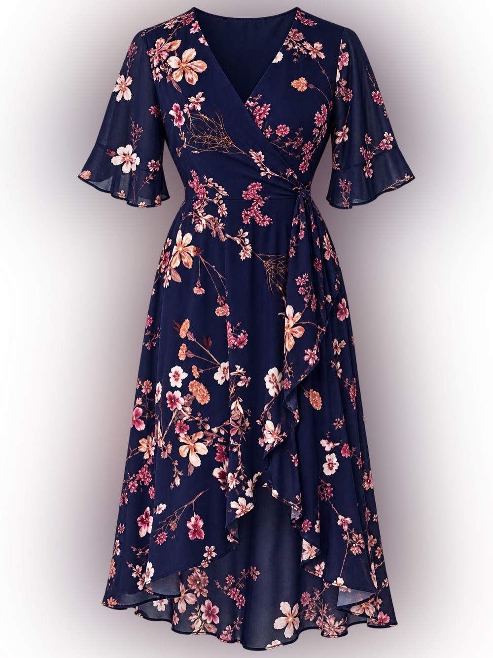 Navy Floral faux Wrap Midi Dress